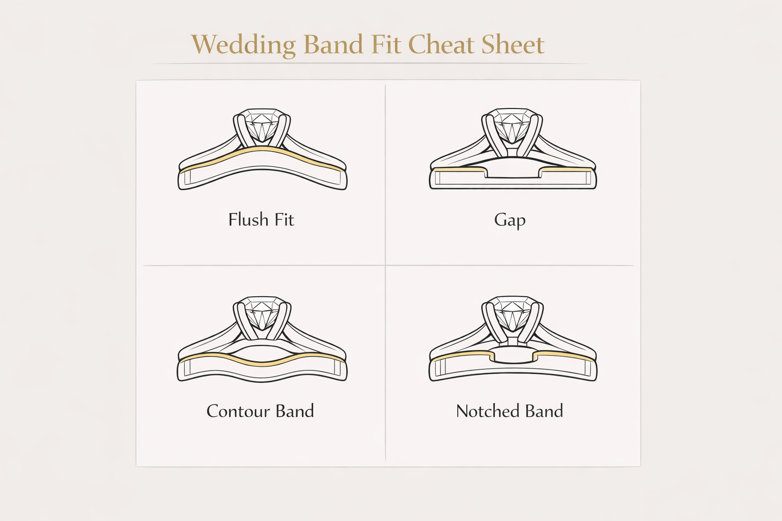 Wedding band fit cheat sheet showing flush fit, gap, contour band, and notched or open band options